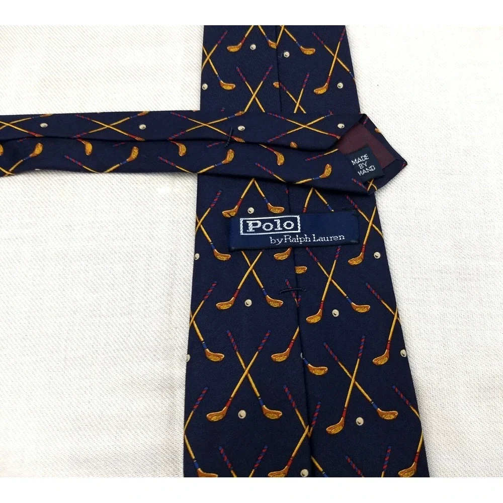 Polo Ralph Lauren 100% Silk Tie‎ Handmade Navy & Tan Golf Clubs Ball USA Vintage